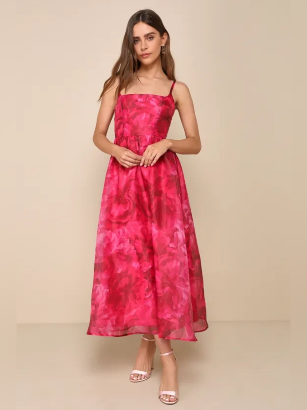 NWT Lulus Darling Icon Dark Pink Floral Organza Lace-Up Midi Dress size M